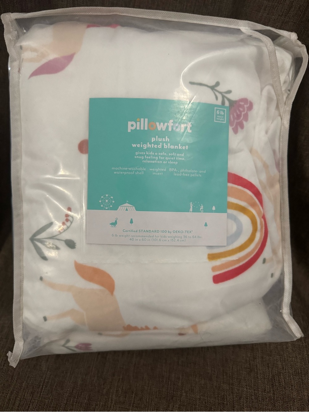 Pillowfort White Plush Weighted Blanket with Rainbow & Floral Accents